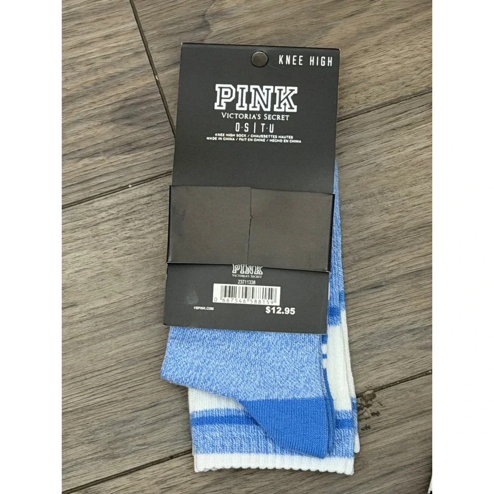 Pink Victoria's Secret Knee High Socks Blue White Striped Marl One Size NEW